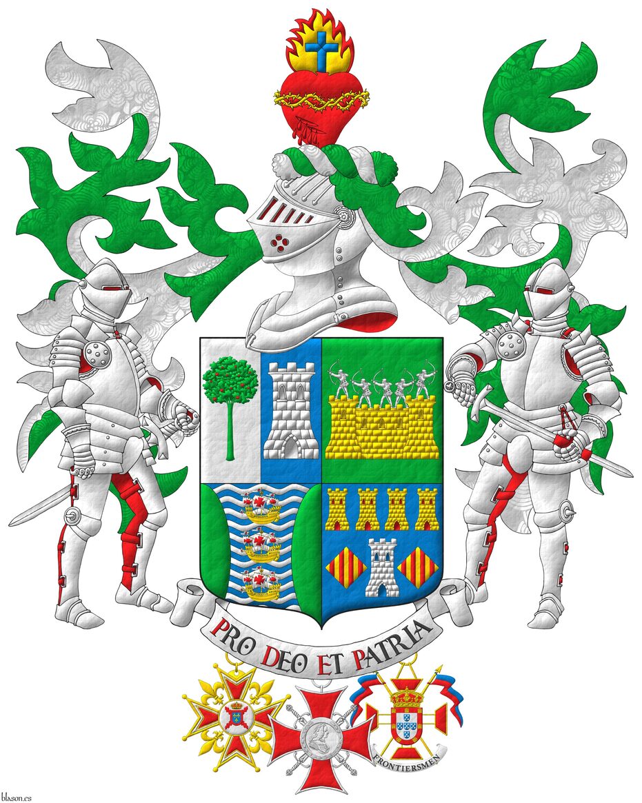 Quarterly: 1 per pale: 1 Argent, a madrone tree (Arbutus unedo) Vert, fructed Gules; 2 Azure, a tower Argent; 2 Vert, on a wall Or, masoned Sable, by five archers Argent in shooting stance; 3 barry wavy Azure and Argent, three caravels in pale Or, sails and pennons Argent charged with crosses Gules, between two flanches Vert; 4 Azure, a tower Argent, port and windows Azure, masoned Sable, between two lozenges Or, each charged with four pallets Gules, in chief four towers in fess Or, port and windows Gules, masoned Sable. Crest: Upon a helm with a wreath Argent and Vert, a bleeding heart Gules, debruised by a crown of thorns Or, tipped by a flame Or, fimbriated Gules, charged with a Latin cross Azure. Mantling: Vert doubled Argent. Motto: �Pro Deo et Patria�. Supporters: Two knights in full plate armor Argent, lined Gules. Suspended from the shield the cross of Knight of the National Monarchist Brotherhood of Spain, the cross of Merit of the Noble Chapter of Ferdinand VI and the insignia of Honorary Lieutenant of the Duke of Braganza Regiment of the Legion of Frontiersmen.