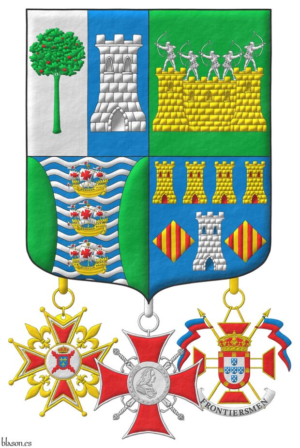 Escudo cuartelado: 1o partido: 1o de plata, un madro�o de sinople, frutado de gules, 2o de azur, una torre de plata; 2o de sinople: una muralla de oro, mazonada de sable, sumada de cinco arqueros de plata en disposici�n de disparar; 3o fajado ondado de azur y plata, tres carabelas en palo de oro, con velas y gallardetes de plata, cargados de cruces de gules, flanqueado curvo de sinople; 4o de azur, una torre de plata, aclarada de azur, mazonada de sable, acompa�ada de dos losanges de oro, cargados de cuatro palos de gules, en jefe cuatro torres en faja de oro, aclaradas de gules, mazonadas de sable. Pendientes de la punta la cruz de Caballero de la Hermandad Nacional Mon�rquica de Espa�a, la cruz de M�rito del Cap�tulo Noble de Fernando VI y la insignia de�Teniente Honorario del Regimiento Duque de Braganza de la Legion of Frontiersmen.