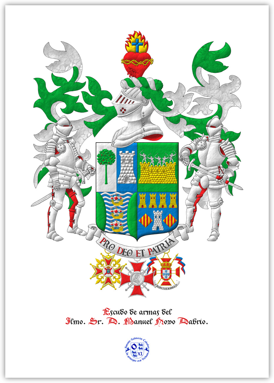 Escudo cuartelado: 1o partido: 1o de plata, un madro�o de sinople, frutado de gules, 2o de azur, una torre de plata; 2o de sinople: una muralla de oro, mazonada de sable, sumada de cinco arqueros de plata en disposici�n de disparar; 3o fajado ondado de azur y plata, tres carabelas en palo de oro, con velas y gallardetes de plata, cargados de cruces de gules, flanqueado curvo de sinople; 4o de azur, una torre de plata, aclarada de azur, mazonada de sable, acompa�ada de dos losanges de oro, cargados de cuatro palos de gules, en jefe cuatro torres en faja de oro, aclaradas de gules, mazonadas de sable. Timbrado de un yelmo adornado de dos lambrequines de sinople doblados de plata, un burelete de plata y sinople, cimado de un coraz�n sangrante de gules, resaltado de una corona de espinas de oro, sumado de una llama de oro, perfilada de gules, cargada de una cruz latina de azur. Lema: �Pro Deo et Patria�. Por tenantes dos caballeros con armadura completa de plata, forrada de gules. Pendientes de la punta la cruz de Caballero de la Hermandad Nacional Mon�rquica de Espa�a, la cruz de M�rito del Cap�tulo Noble de Fernando VI y la insignia de�Teniente Honorario del Regimiento Duque de Braganza de la Legion of Frontiersmen.