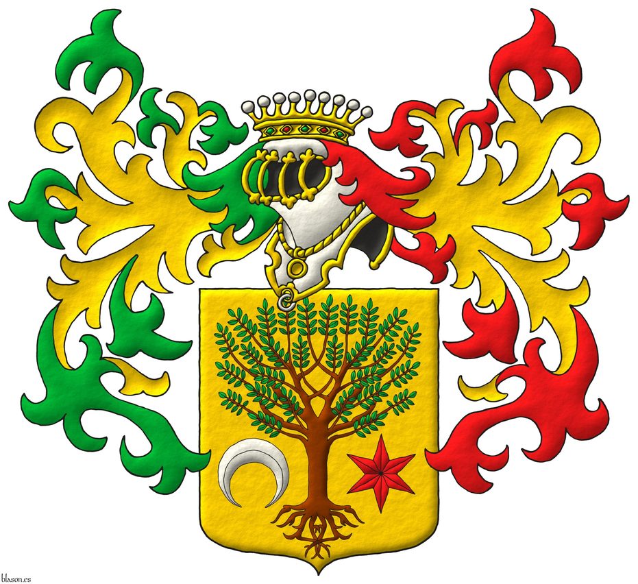 Escudo de oro, un �rbol arrancado al natural, acompa�ado en punta de un creciente ranversado de plata y una estrella de gules. Timbrado de un yelmo grillado de oro, con dos lambrequines, a la diestra de sinople doblado de oro y ala siniestra de gules doblado de oro, y cimado de una corona de conde.
