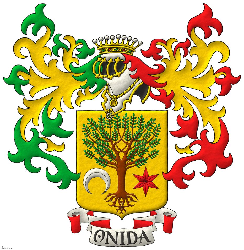 Escudo de oro, un �rbol arrancado al natural, acompa�ado en punta de un creciente ranversado de plata y una estrella de gules. Timbrado de un yelmo grillado de oro, con dos lambrequines, a la diestra de sinople doblado de oro y ala siniestra de gules doblado de oro, y cimado de una corona de conde. Divisa: �Onida� en letras de sable sobre una filacteria de plata doblada de oro.
