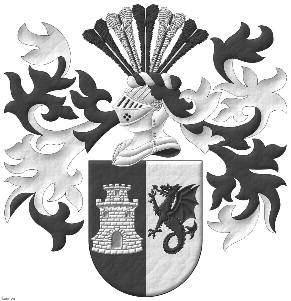 Party per pale: 1 Sable, a tower with a turret Argent; 2 Argent, a wyvern erect Sable. Crest: Upon a helm with a wreath Argent and Sable, five ostrich feathers alternately Sable shafted Argent, and Argent shafted Sable. Mantling: Sable doubled Argent.