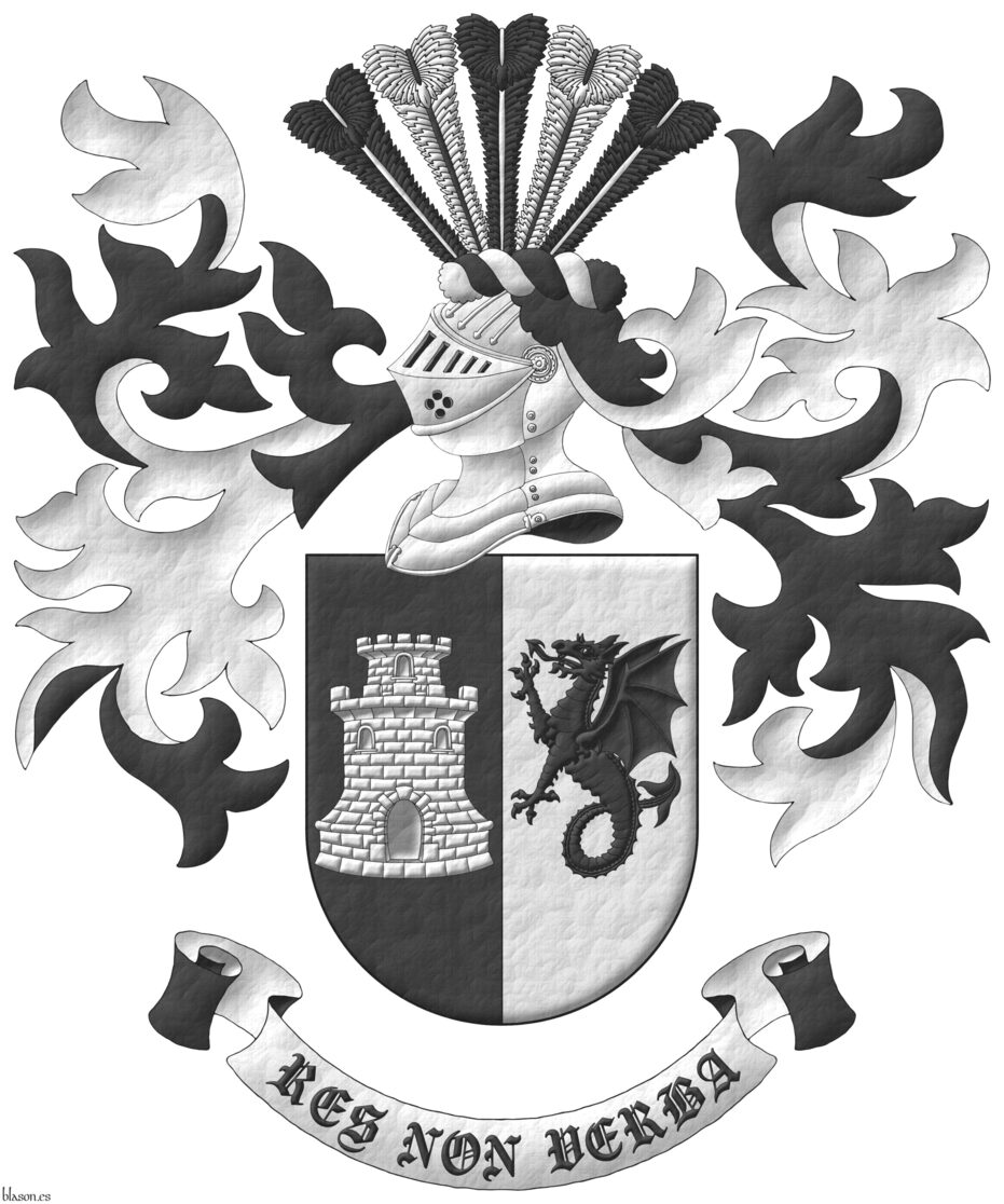 Party per pale: 1 Sable, a tower with a turret Argent; 2 Argent, a wyvern erect Sable. Crest: Upon a helm with a wreath Argent and Sable, five ostrich feathers alternately Sable shafted Argent, and Argent shafted Sable. Mantling: Sable doubled Argent. Motto: Res non verba.