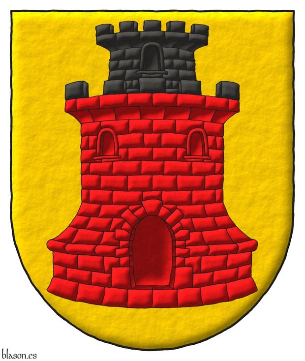 Escudo de oro, una torre de gules, almenada, mazonada y donjonada de sable.