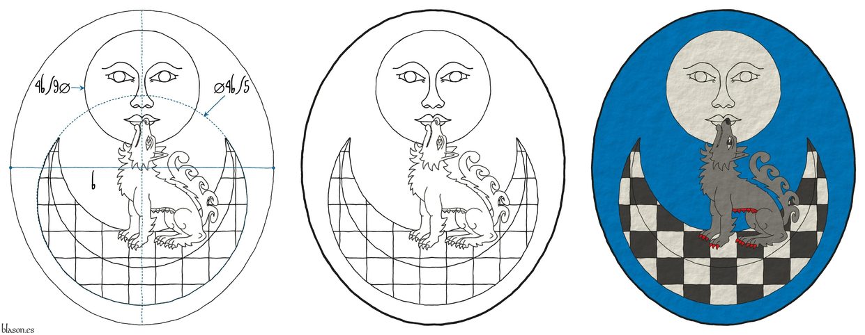 Escudo de azur, en jefe una luna figurada de plata, en punta un creciente ajedrezado de sable y plata; brochante sobre el todo una loba aullante, sentada en el creciente al natural, armada y ubres de gules.