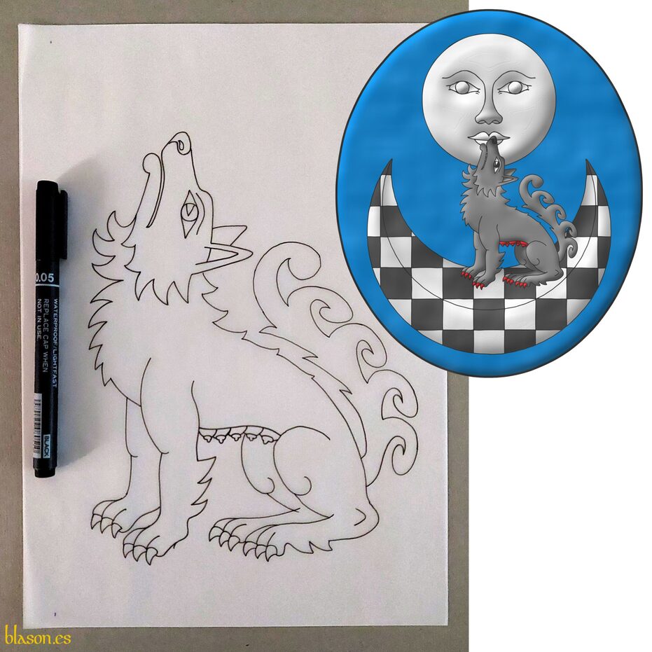 Escudo de azur, en jefe una luna figurada de plata, en punta un creciente ajedrezado de sable y plata; brochante sobre el todo una loba aullante, sentada en el creciente al natural, armada y ubres de gules.