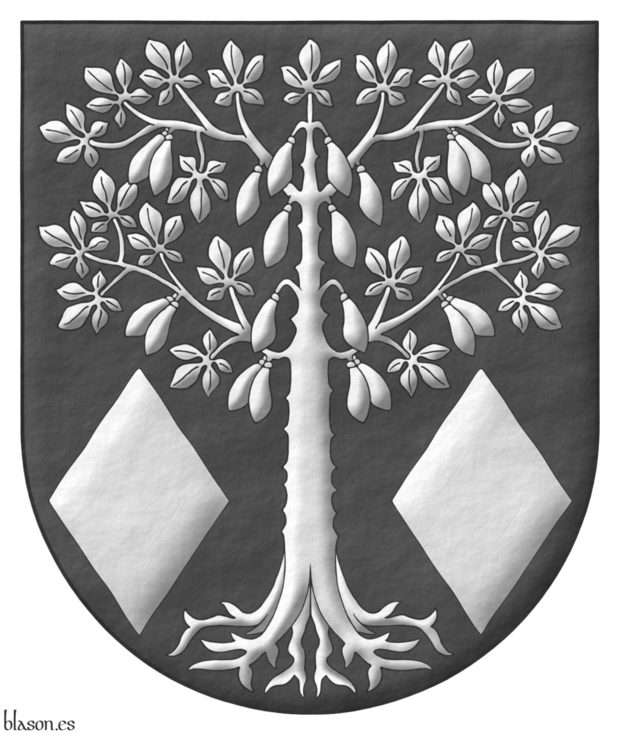 Sable, a kapok tree eradicated and fructed between in base two lozenges Argent.