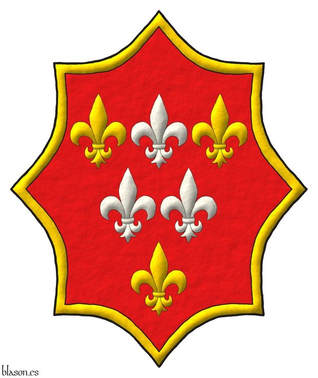 Escudo de gules, seis flores de lis, en jefe una de plata entre dos de oro, en faja dos de plata, en punta una de oro; una bordura de oro.