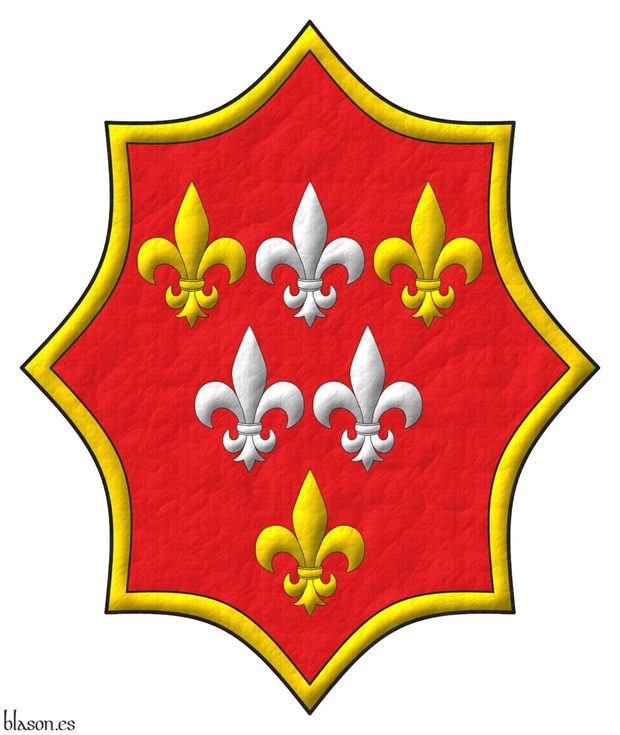 Gules, six fleurs de lis, in chief one Argent between two Or, in fess two Argent, in base one Or; within a bordure Or.