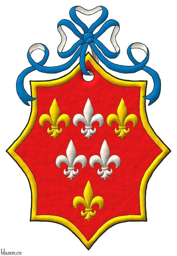 Escudo de gules, seis flores de lis, en jefe una de plata entre dos de oro, en faja dos de plata, en punta una de oro; una bordura de oro. Timbrado de un lazo de azur doblado de plata.