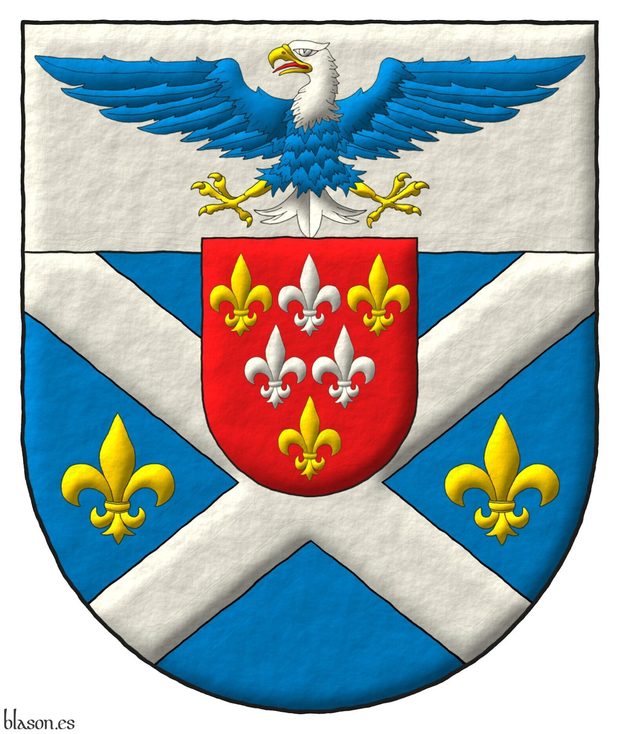 Escudo de azur, un sotuer de plata acompa�ado en faja de dos flores de lis de oro; en un jefe de plata, un �guila calva de azur, cabeza y cola de plata, picada, armada y membrada de oro, lampasada de gules; un escus�n de gules con seis flores de lis, en jefe una de plata entre dos de oro, en faja dos de plata y en punta una de oro.