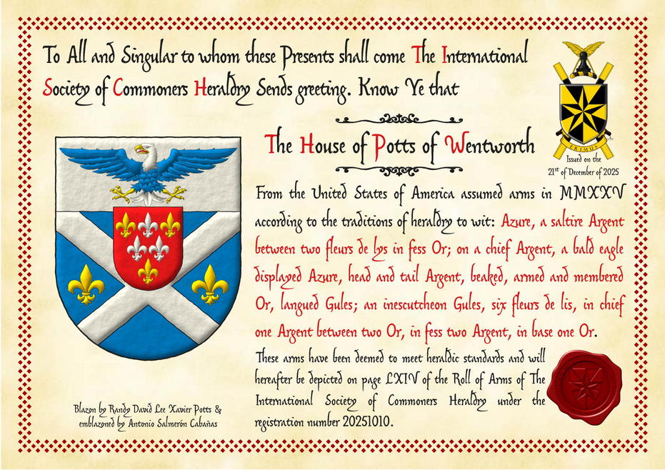 Escudo de azur, un sotuer de plata acompa�ado en faja de dos flores de lis de oro; en un jefe de plata, un �guila calva de azur, cabeza y cola de plata, picada, armada y membrada de oro, lampasada de gules; un escus�n de gules con seis flores de lis, en jefe una de plata entre dos de oro, en faja dos de plata y en punta una de oro.