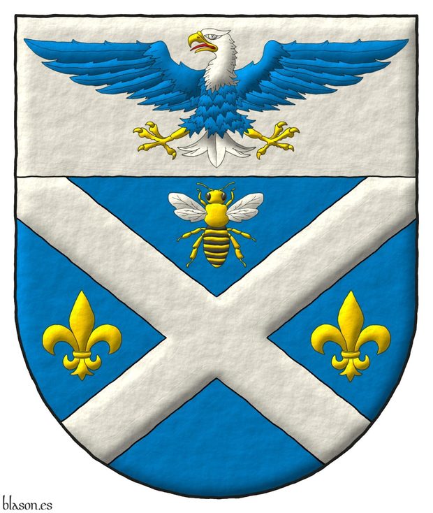 Escudo de azur, un sotuer de plata acompa�ado en jefe de una abeja al natural, en faja de dos flores de lis de oro; en un jefe de plata, un �guila calva de azur, cabeza y cola de plata, picada, armada y membrada de oro, lampasada de gules.