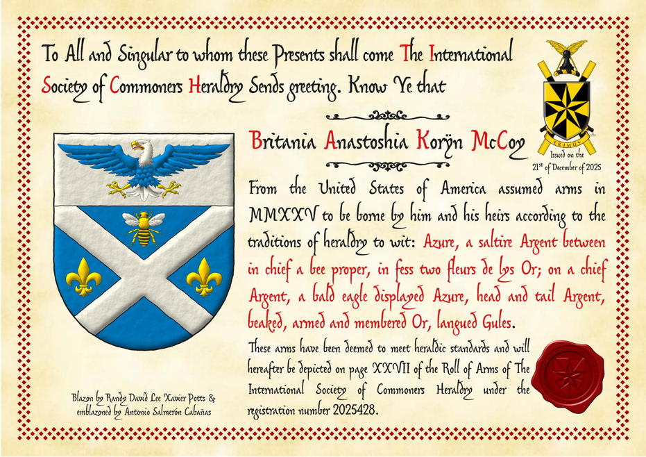 Escudo de azur, un sotuer de plata acompa�ado en jefe de una abeja al natural, en faja de dos flores de lis de oro; en un jefe de plata, un �guila calva de azur, cabeza y cola de plata, picada, armada y membrada de oro, lampasada de gules.