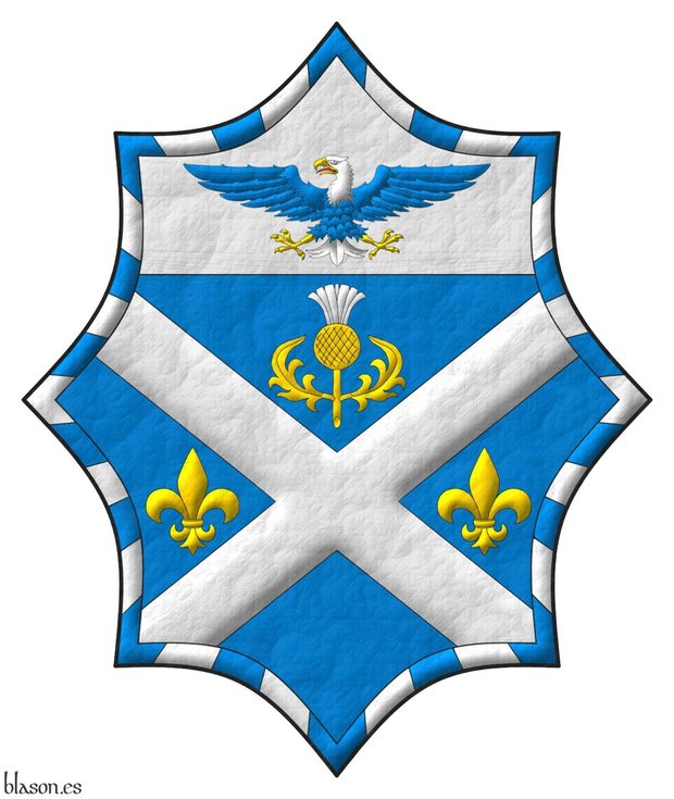 Azure, a saltire Argent between in chief a thistle Or, flowered Argent, in fess two fleurs de lys Or; on a chief Argent, a bald eagle displayed Azure, head and tail Argent, beaked, armed and membered Or, langued Gules; within a bordure gyronny of thirty-six Azure and Argent.
