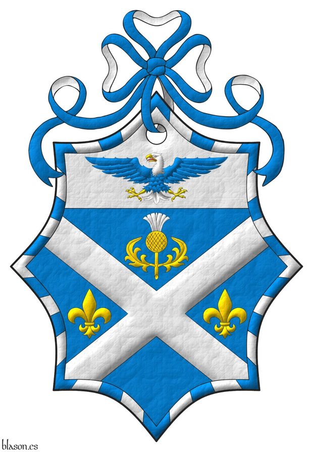 Azure, a saltire Argent between in chief a thistle Or, flowered Argent, in fess two fleurs de lys Or; on a chief Argent, a bald eagle displayed Azure, head and tail Argent, beaked, armed and membered Or, langued Gules; within a bordure gyronny of thirty-six Azure and Argent. Crest: A ribbon Azure doubled Argent.