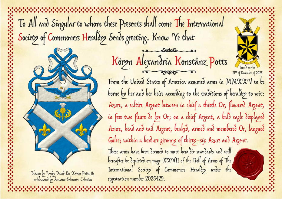 Azure, a saltire Argent between in chief a thistle Or, flowered Argent, in fess two fleurs de lys Or; on a chief Argent, a bald eagle displayed Azure, head and tail Argent, beaked, armed and membered Or, langued Gules; within a bordure gyronny of thirty-six Azure and Argent. Crest: A ribbon Azure doubled Argent.