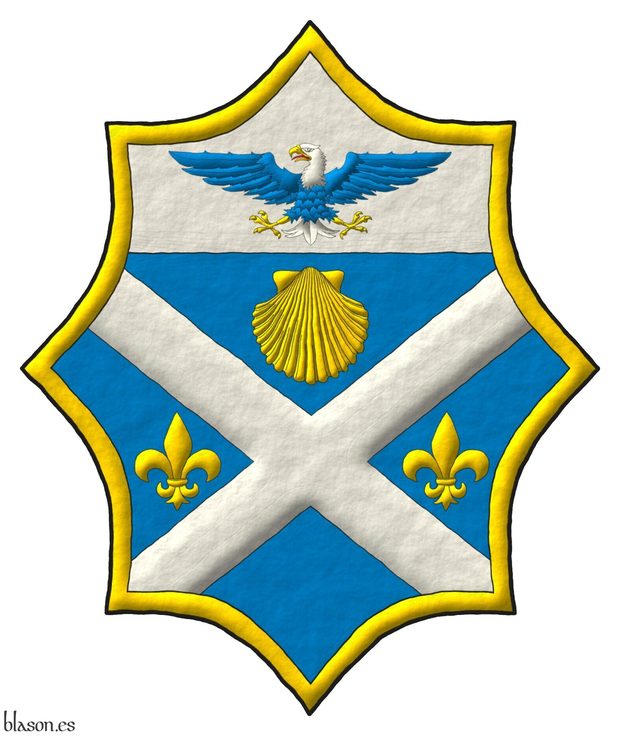Escudo de azur, un sotuer de plata acompa�ado en jefe de una venera de oro, en faja de dos flores de lis de oro; en un jefe de plata, un �guila calva de azur, cabeza y cola de plata, picada, armada y membrada de oro, lampasada de gules; una bordura de oro.