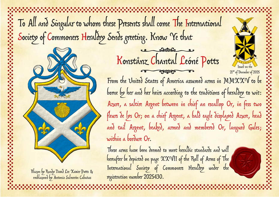 Azure, a saltire Argent between in chief an escallop Or, in fess two fleurs de lys Or; on a chief Argent, a bald eagle displayed Azure, head and tail Argent, beaked, armed and membered Or, langued Gules; within a bordure Or. Crest: A ribbon Azure doubled Argent.