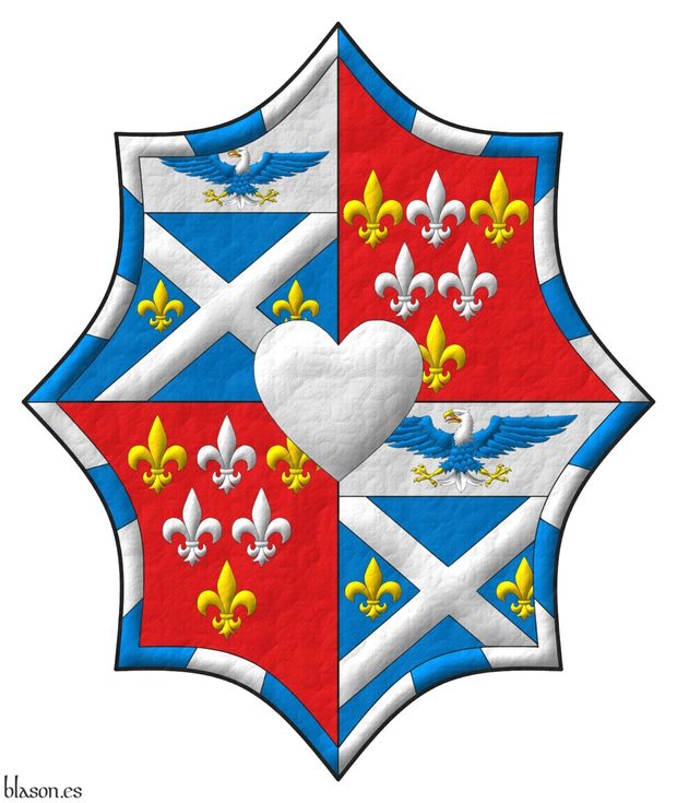 Quarterly: 1 and 4 Azure, a saltire Argent between two fleurs de lys in fess Or; on a chief Argent, a bald eagle displayed Azure, head and tail Argent, beaked, armed and membered Or, langued Gules; 2 and 3 Gules, six fleurs de lis, in chief one Argent between two Or, in fess two Argent, in base one Or ; within a bordure gyronny of twenty-four Argent and Azure; overall a heart Argent.