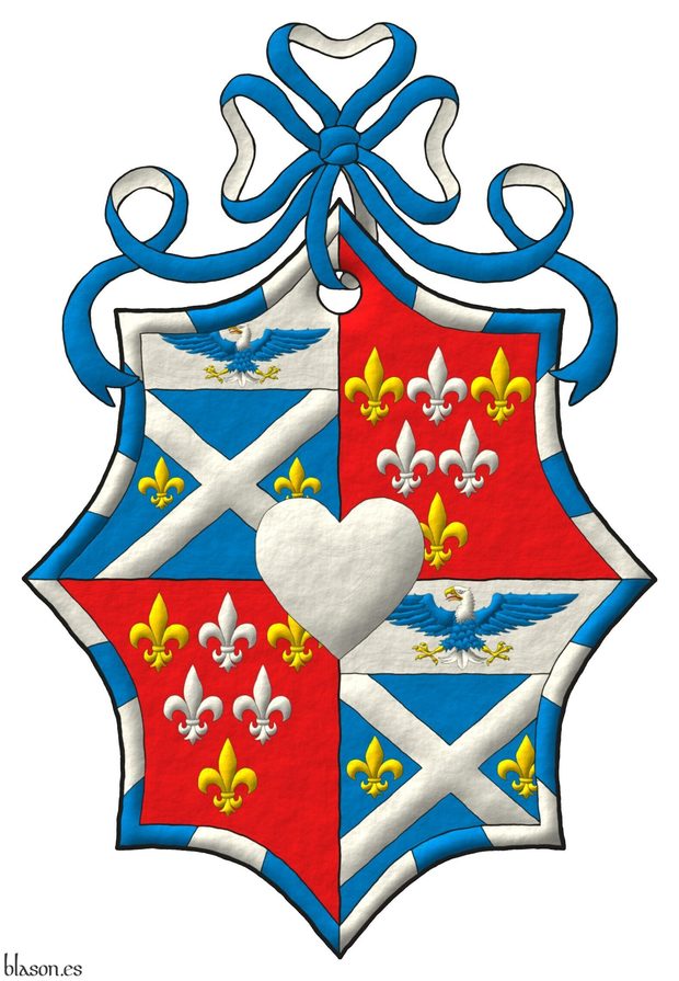 Escudo cuartelado: 1o y 4o de azur, un sotuer de plata acompa�ado en faja de dos flores de lis de oro; en un jefe de plata, un �guila calva de azur, cabeza y cola de plata, picada, armada y membrada de oro, lampasada de gules; 2o y 3o de gules, seis flores de lis, en jefe una de plata entre dos de oro, en faja dos de plata y en punta una de oro ; una bordura jironada de veinticuatro piezas de plata y azur; brochante sobre el todo un coraz�n de plata. Timbrado de un lazo de azur doblado de plata.
