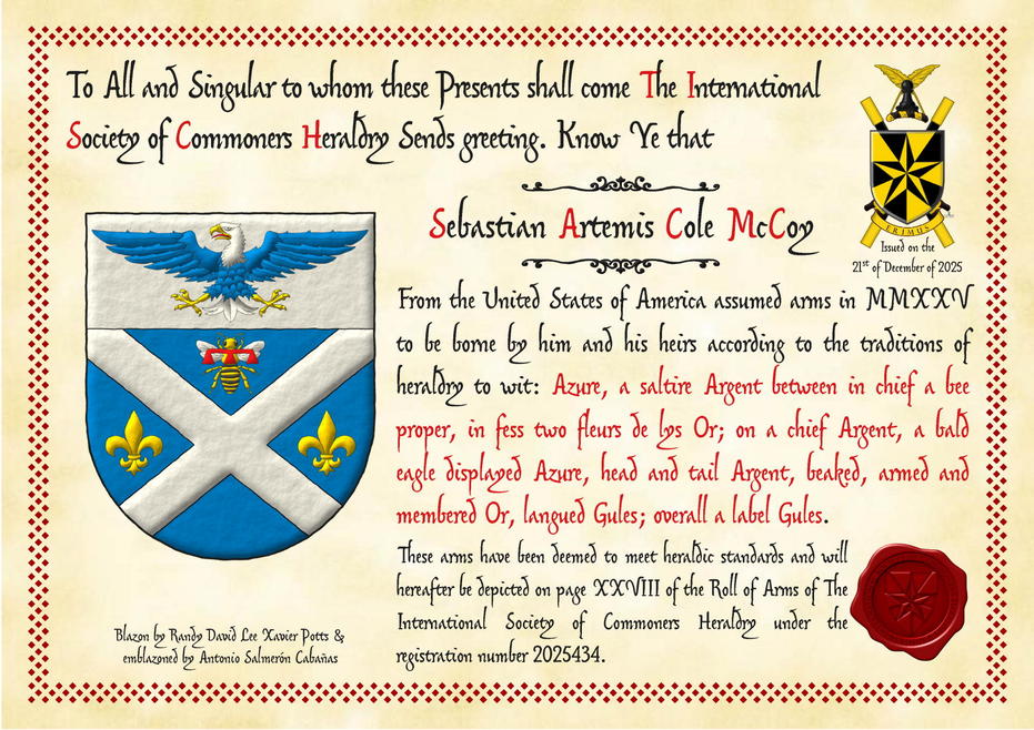 Azure, a saltire Argent between in chief a bee proper, in fess two fleurs de lys Or; on a chief Argent, a bald eagle displayed Azure, head and tail Argent, beaked, armed and membered Or, langued Gules; overall a label Gules.