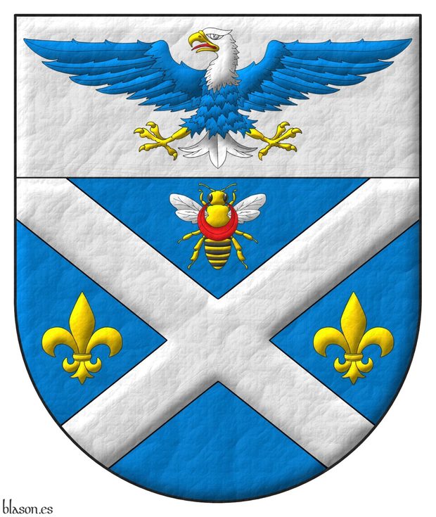 Azure, a saltire Argent between in chief a bee proper, in fess two fleurs de lys Or; on a chief Argent, a bald eagle displayed Azure, head and tail Argent, beaked, armed and membered Or, langued Gules; overall a crescent Gules.