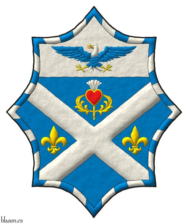 Escudo de azur, un sotuer de plata acompa�ado en jefe de un cardo de oro, florido de plata, en faja de dos flores de lis de oro; en un jefe de plata, un �guila calva de azur, cabeza y cola de plata, picada, armada y membrada de oro, lampasada de gules; una bordura jironada de treinta y seis piezas de azur y plata; brochante sobre el todo un coraz�n de gules perfilado de oro.