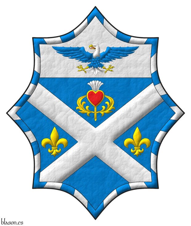 Azure, a saltire Argent between in chief a thistle Or, flowered Argent, in fess two fleurs de lys Or; on a chief Argent, a bald eagle displayed Azure, head and tail Argent, beaked, armed and membered Or, langued Gules; within a bordure gyronny of thirty-six Azure and Argent; overall a heart Gules, fimbriated Or.