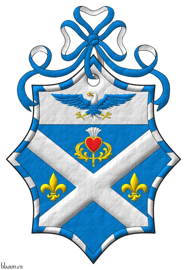 Azure, a saltire Argent between in chief a thistle Or, flowered Argent, in fess two fleurs de lys Or; on a chief Argent, a bald eagle displayed Azure, head and tail Argent, beaked, armed and membered Or, langued Gules; within a bordure gyronny of thirty-six Azure and Argent; overall a heart Gules, fimbriated Or. Crest: A ribbon Azure doubled Argent.