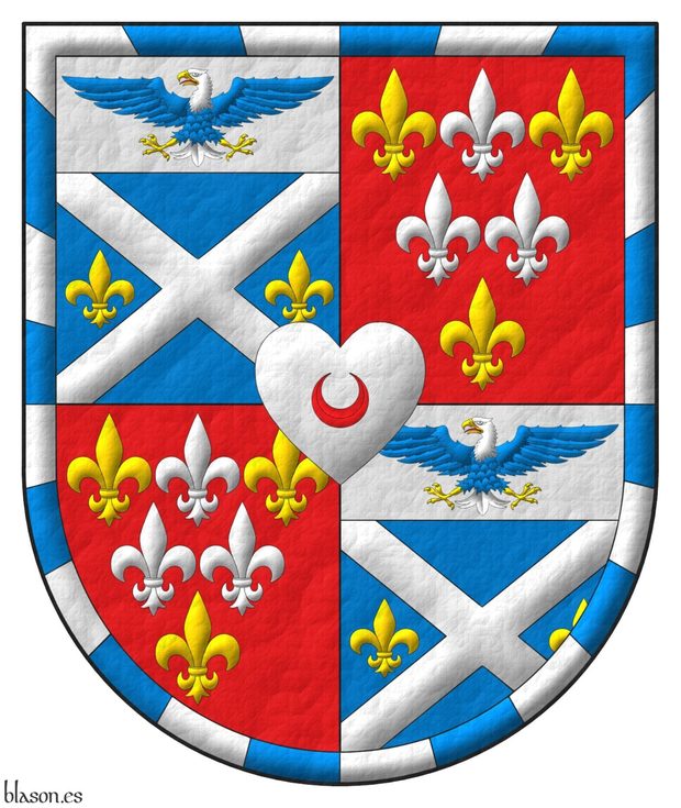 Quarterly: 1 and 4 Azure, a saltire Argent between two fleurs de lys in fess Or; on a chief Argent, a bald eagle displayed Azure, head and tail Argent, beaked, armed and membered Or, langued Gules; 2 and 3 Gules, six fleurs de lis, in chief one Argent between two Or, in fess two Argent, in base one Or; within a bordure gyronny of twenty-four Argent and Azure; overall a heart Argent charged with a crescent Gules.