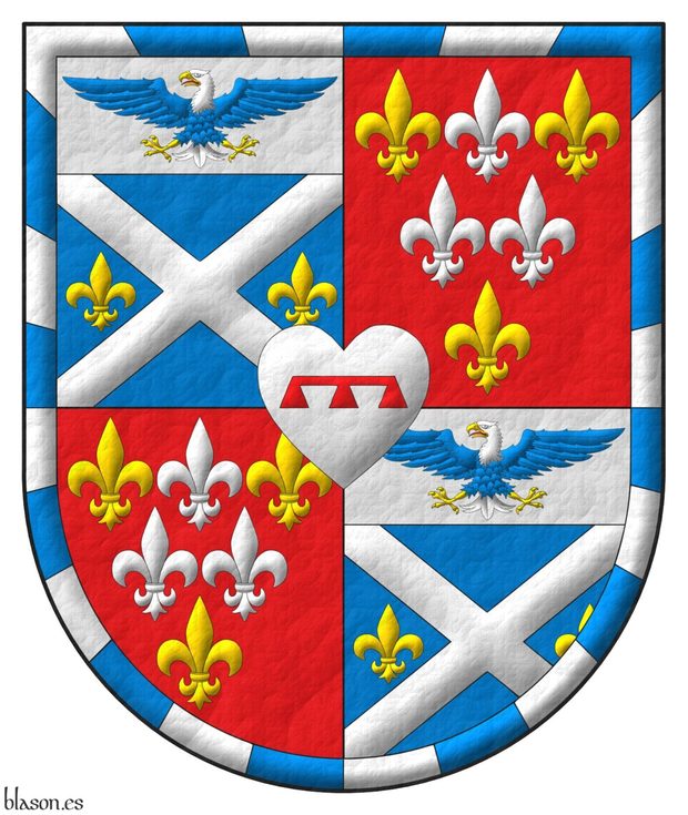 Quarterly: 1 and 4 Azure, a saltire Argent between two fleurs de lys in fess Or; on a chief Argent, a bald eagle displayed Azure, head and tail Argent, beaked, armed and membered Or, langued Gules; 2 and 3 Gules, six fleurs de lis, in chief one Argent between two Or, in fess two Argent, in base one Or; within a bordure gyronny of twenty-four Argent and Azure; overall a heart Argent charged with a label Gules.