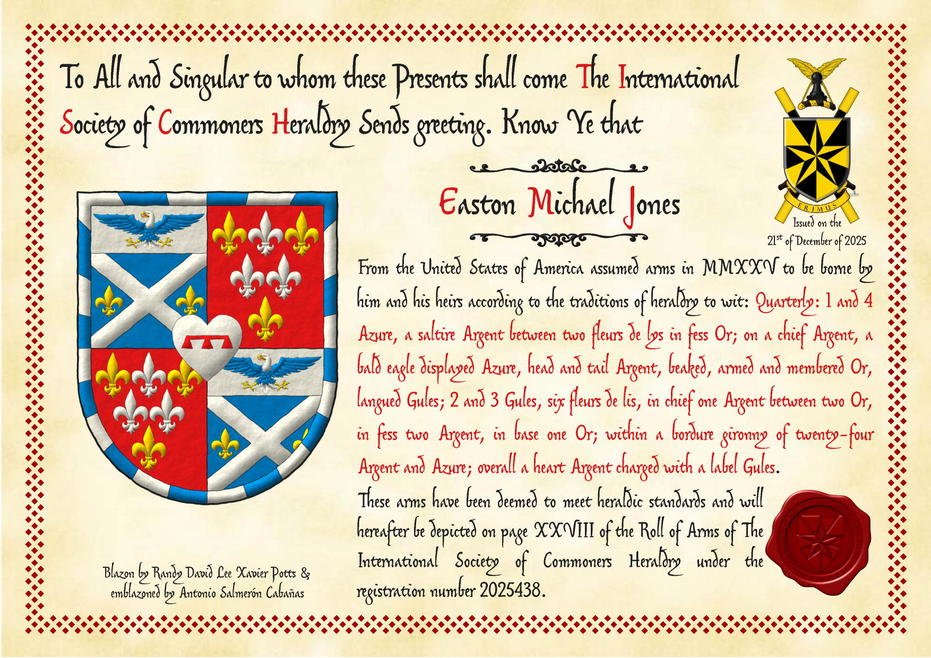 Quarterly: 1 and 4 Azure, a saltire Argent between two fleurs de lys in fess Or; on a chief Argent, a bald eagle displayed Azure, head and tail Argent, beaked, armed and membered Or, langued Gules; 2 and 3 Gules, six fleurs de lis, in chief one Argent between two Or, in fess two Argent, in base one Or; within a bordure gyronny of twenty-four Argent and Azure; overall a heart Argent charged with a label Gules.