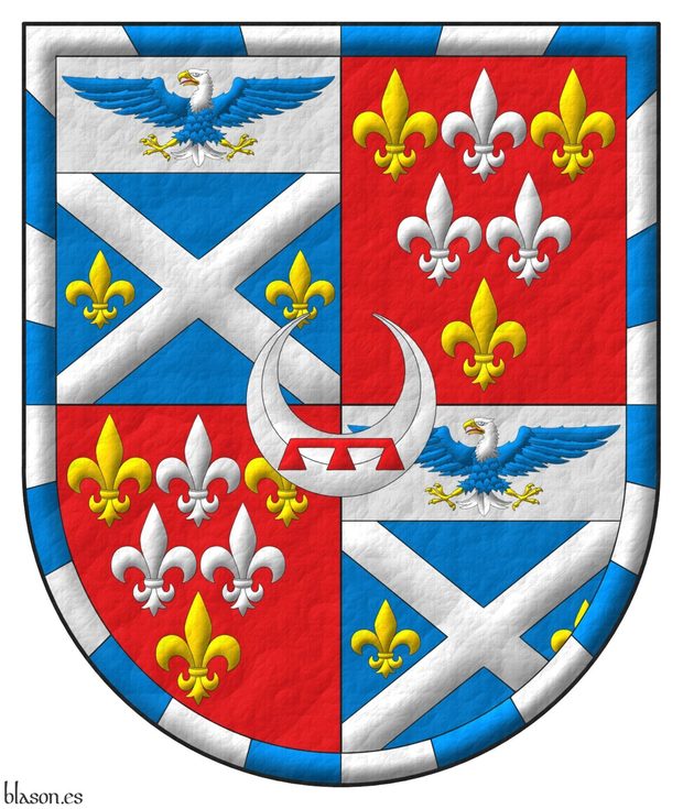 Quarterly: 1 and 4 Azure, a saltire Argent between two fleurs de lys in fess Or; on a chief Argent, a bald eagle displayed Azure, head and tail Argent, beaked, armed and membered Or, langued Gules; 2 and 3 Gules, six fleurs de lis, in chief one Argent between two Or, in fess two Argent, in base one Or; within a bordure gyronny of twenty-four Argent and Azure; overall a crescent Argent charged with a label Gules.