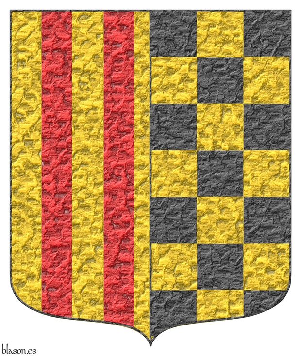 Escudo partido dimidiado: 1o de oro, cuatro palos de gules; 2o ajedrezado de oro y sable.