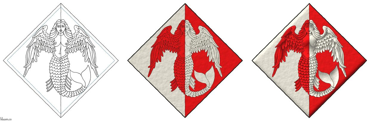 Party per pale Argent and Gules, a mermaid with swan wings for arms counterchanged.