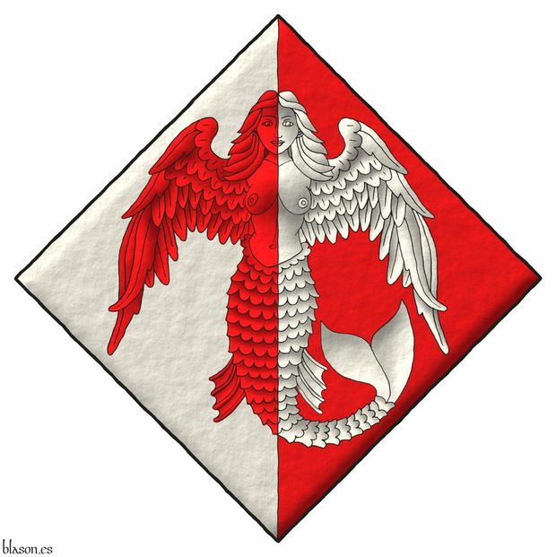 Escudo partido de plata y gules, una sirena con alas de cisne por brazos del uno al otro.