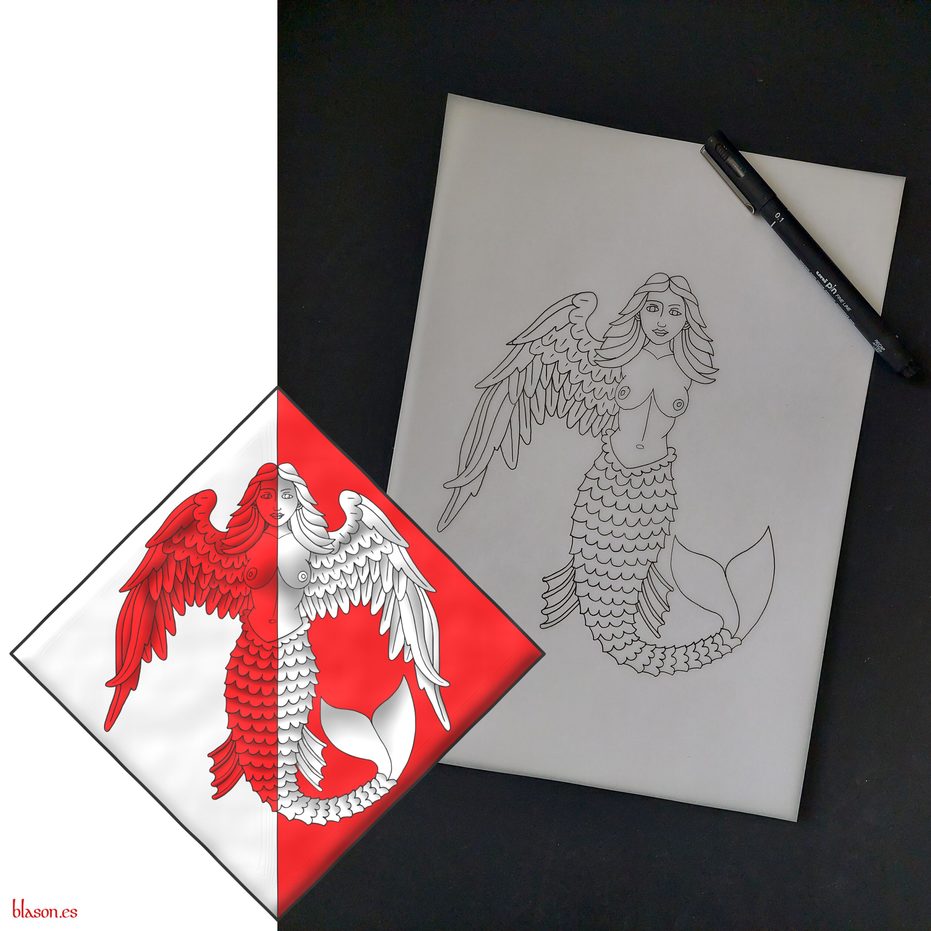 Party per pale Argent and Gules, a mermaid with swan wings for arms counterchanged.