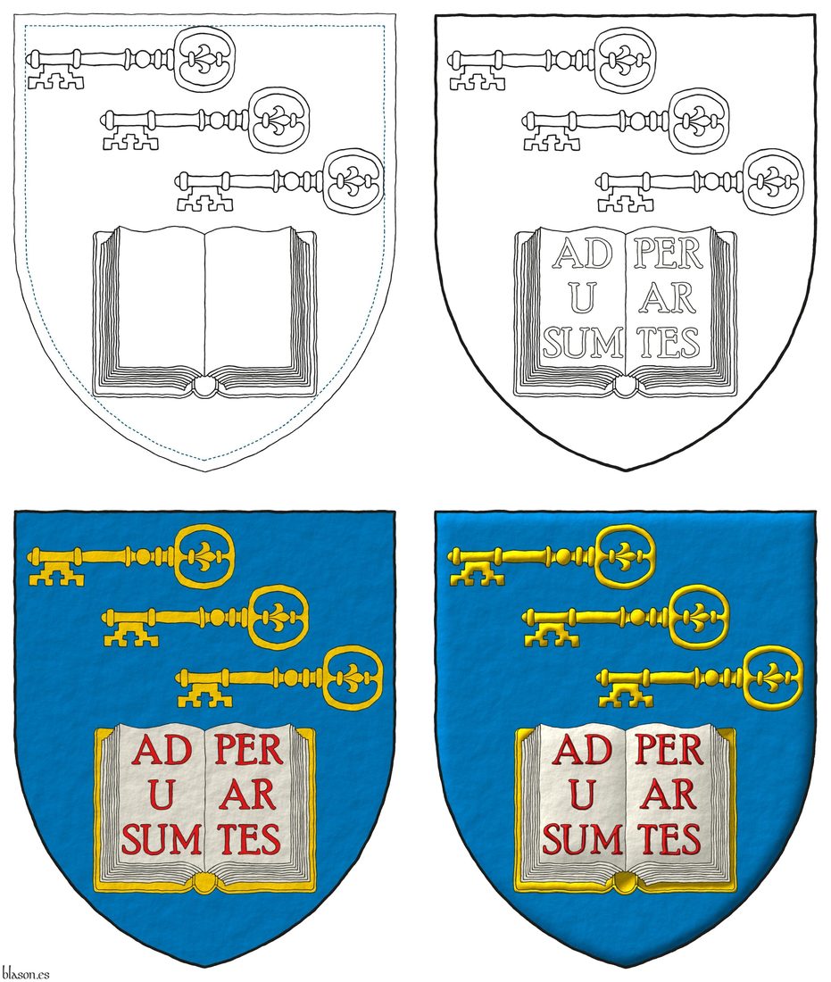 Azure, in chief three keys in bend, fesswise, to dexter, facing downwards Or, in base an open book Argent, garnished Or, the pages inscribed Ad usum per artes Gules.