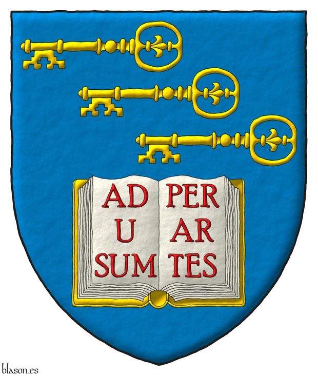 Escudo de azur, en jefe tres llaves en banda, puestas en faja, con el dentado a la diestra y abajo de oro, en punta un libro abierto de oro, hojado de plata con la inscripcin Ad usum per artes de gules.