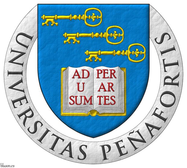 Azure, in chief three keys in bend, fesswise, to dexter, facing downwards Or, in base an open book Argent, garnished Or, the pages inscribed Ad usum per artes Gules. Motto: Universitas Peafortis.