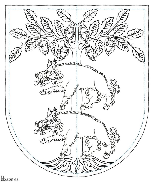 Escudo de oro, una encina arrancada de sinople, frutada de oro, atravesados a su tronco dos jabales pasantes, en palo de sable.