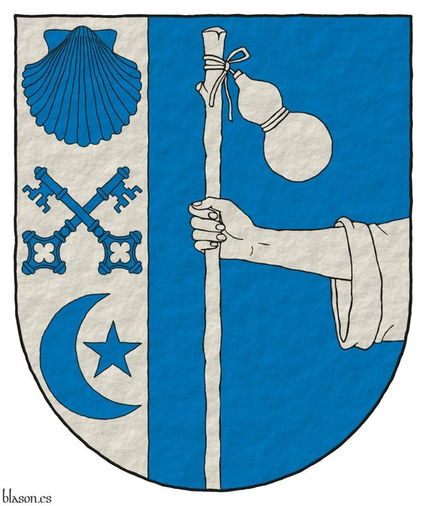 Escudo adiestrado: 1o de plata, dos llaves alzadas en sotuer, acompaadas en jefe de una venera, y en punta de una estrella de cinco puntas, circundada a la diestra de un creciente puesto en banda todo de azur; 2o de azur, un brazo diestro vestido, moviente de la siniestra, teniendo un bordn de peregrino puesto en palo, moviente de la punta, y atada a l una calabaza puesta en banda todo de plata.