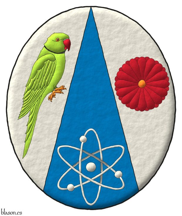 Escudo de azur cortinado de plata: 1o, una cotorra india de Kramer al natural; 2o, un crisantemo japons al natural; 3o, un tomo de plata.