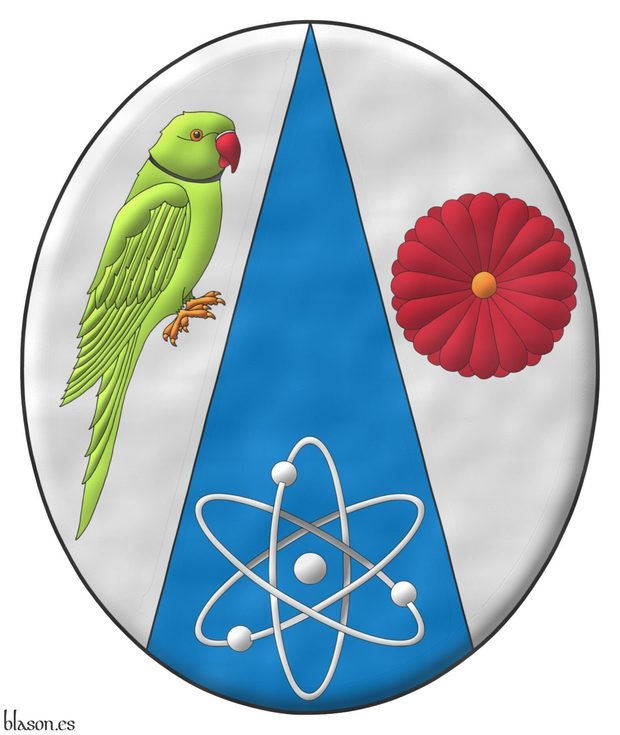 Azure chap Argent, in dexter an Indian ringneck parrot proper, in sinister a Japanese red chrysanthemum proper, in base an atom Argent.