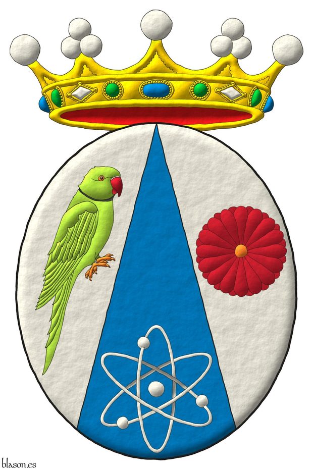 Escudo de azur cortinado de plata: 1o, una cotorra india de Kramer al natural; 2o, un crisantemo japons al natural; 3o, un tomo de plata. Timbrado de una corona de marquesa.