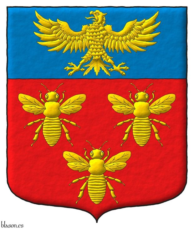 Escudo de gules, tres abejas de oro; un jefe de azur, un �guila de oro.