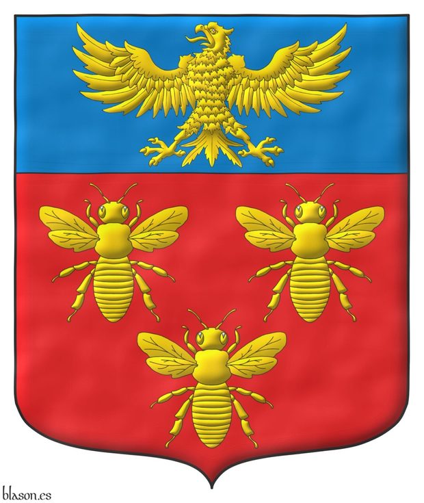 Gules, three bees Or; a chief azure, an eagle displayed Or.