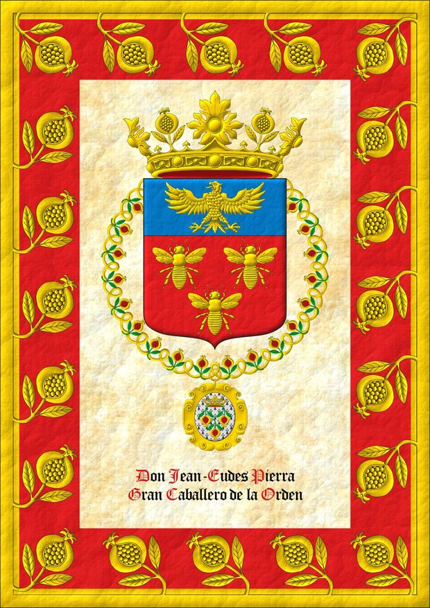 Gules, three bees Or; a chief cousu azure, an eagle displayed Or. Crest: A crown of the Soberana y Muy Noble Orden de la Granada. The shield is surrounded by the collar of the Sovereign and Most Noble Order of the Pomegranate.