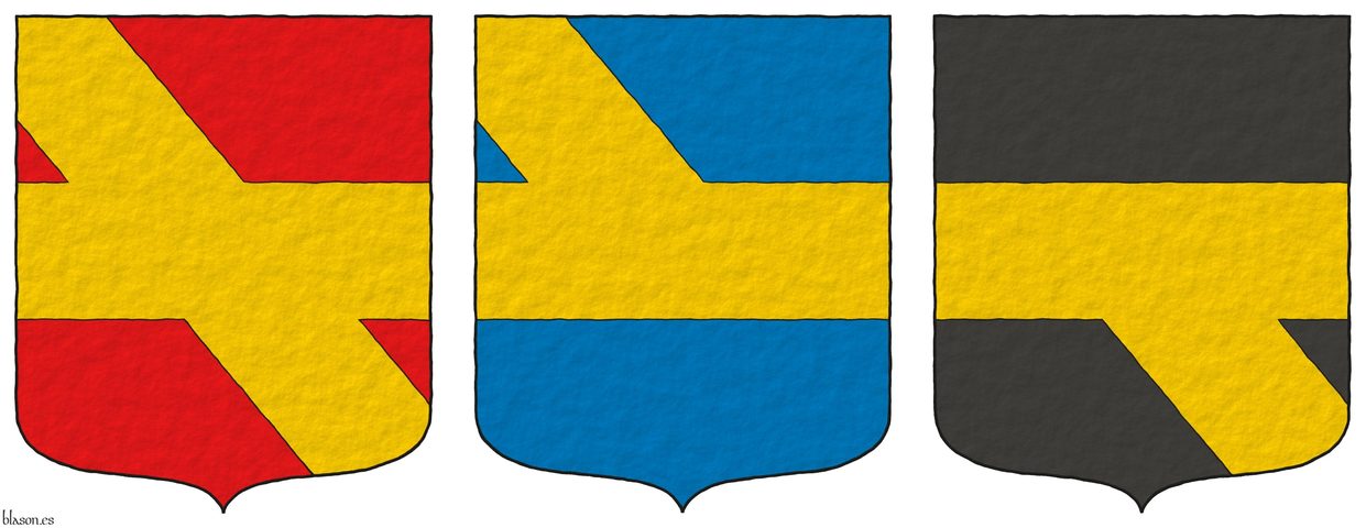 [Gules, a bend-fess Or], [Azure, a demi-bend-fess Or], and [Sable, a fess-demi-bend Or]